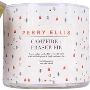 Perry Ellis CAMPFIRE & FRASER FIR 14.5oz candle 60 hour burn time